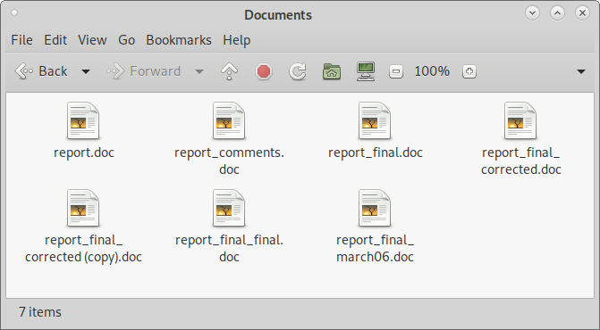 A folder full of documents with variations of the same name, such as 'report', 'report_final', and 'report_final2'